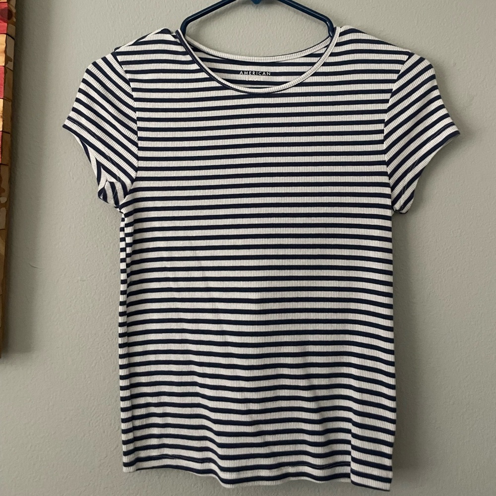 American Eagle Navy and White Striped Short Sleeve Tee
